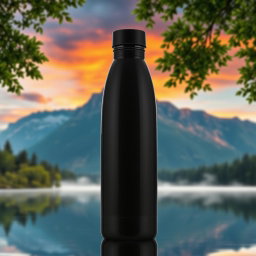 A sleek, black water bottle set against a breathtaking landscape