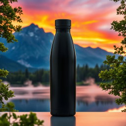 A sleek, black water bottle set against a breathtaking landscape