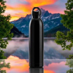 A sleek, black water bottle set against a breathtaking landscape