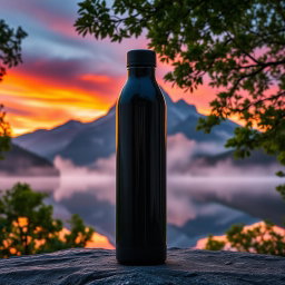 A sleek, black water bottle set against a breathtaking landscape