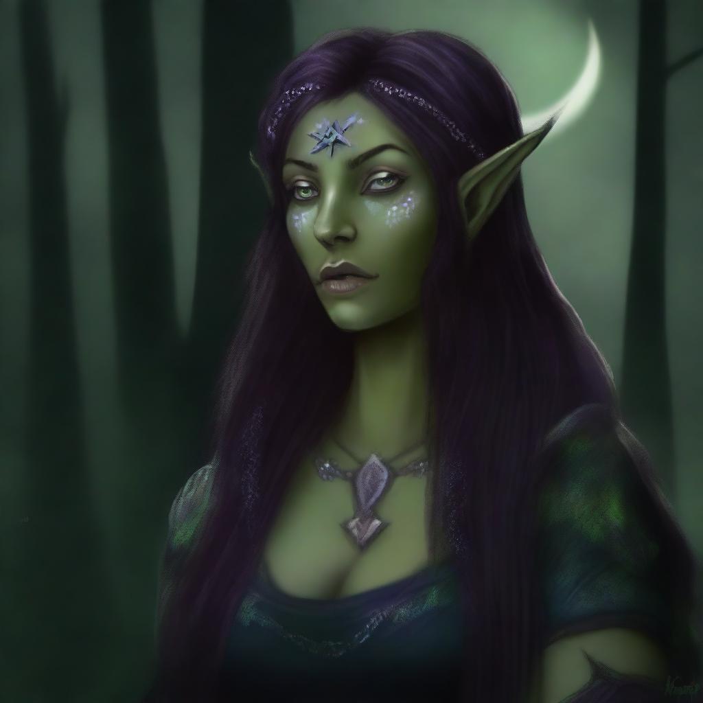 This high quality digital art image depicts a half-elf woman, a druid of the night, who exudes wisdom and mystery