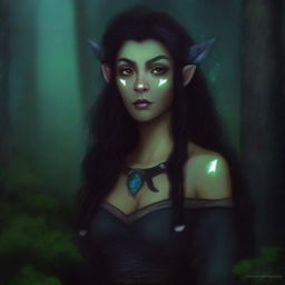 This high quality digital art image depicts a half-elf woman, a druid of the night, who exudes wisdom and mystery