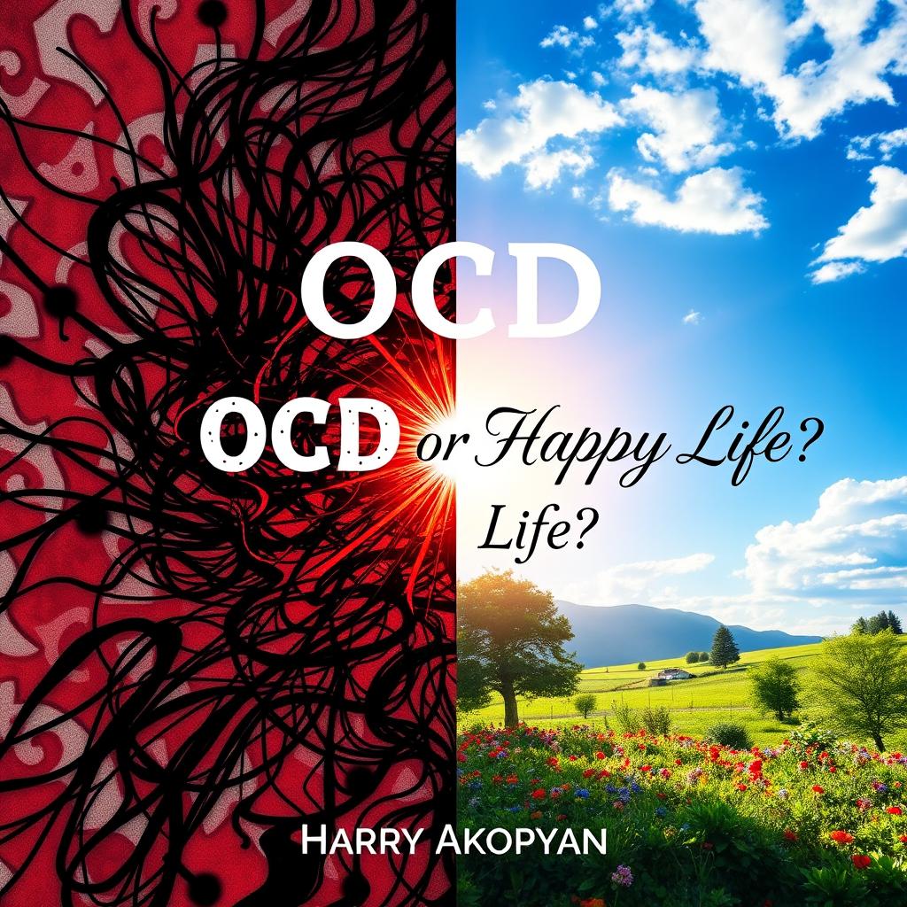 A visually striking book cover for 'OCD or Happy Life?' by author Harry Akopyan