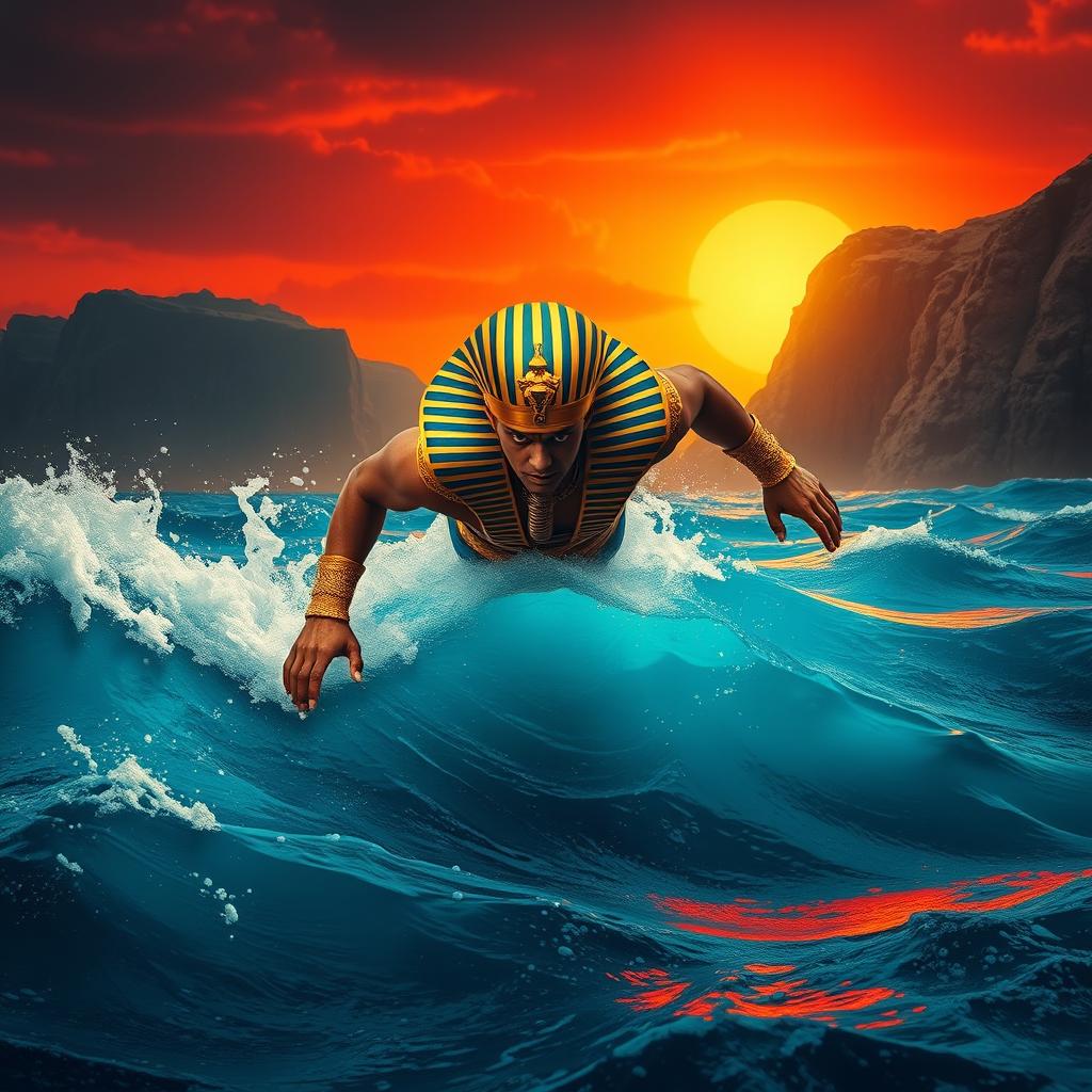 A dramatic scene of a powerful Pharaoh, clad in opulent royal attire, diving into the turbulent waters of the Red Sea