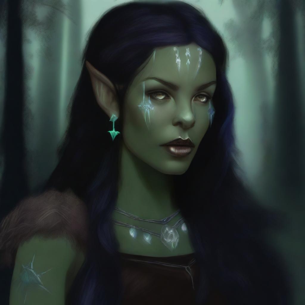 This high quality digital art image depicts a half-elf woman, a druid of the night, who exudes wisdom and mystery