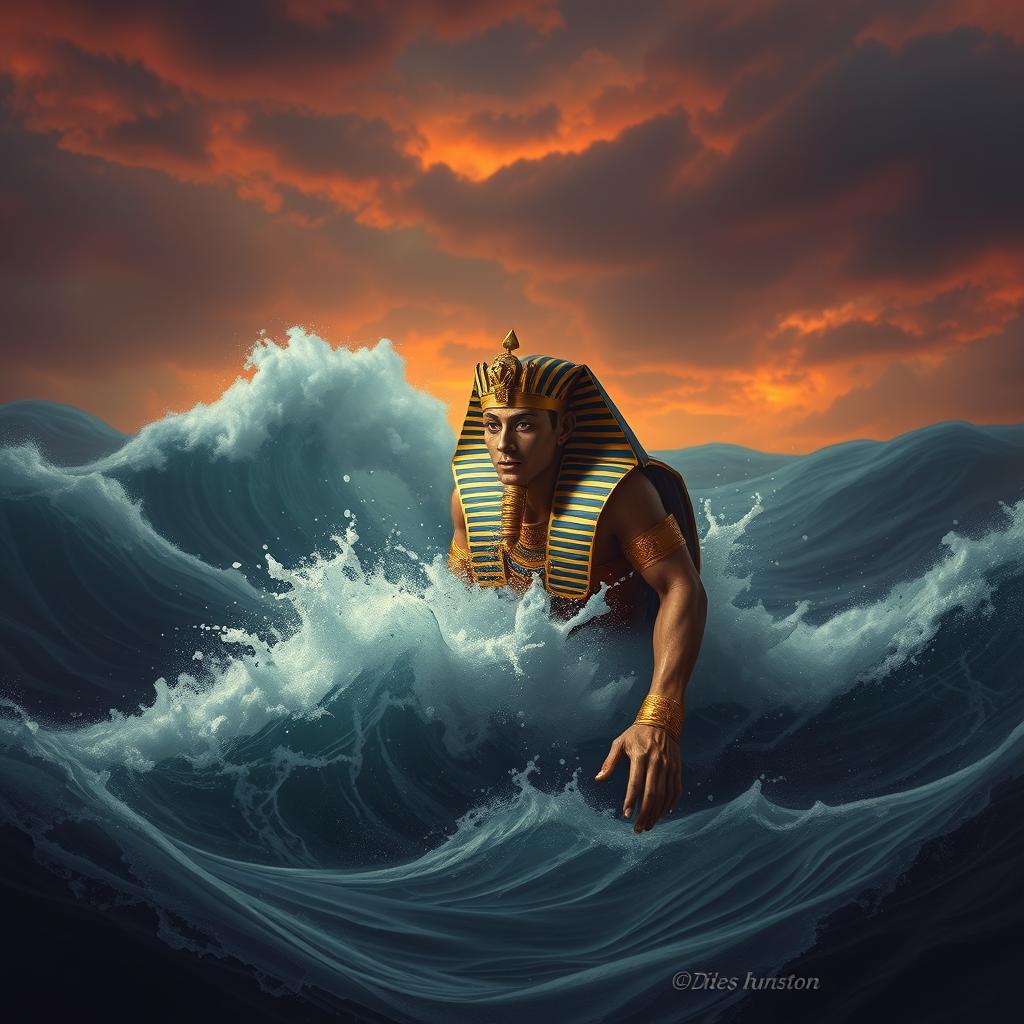 A dramatic and somber scene depicting a powerful Pharaoh, clad in opulent royal attire, diving into the tumultuous waters of the Red Sea