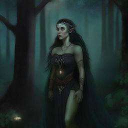 This high quality digital art image depicts a half-elf woman, a druid of the night, who exudes wisdom and mystery