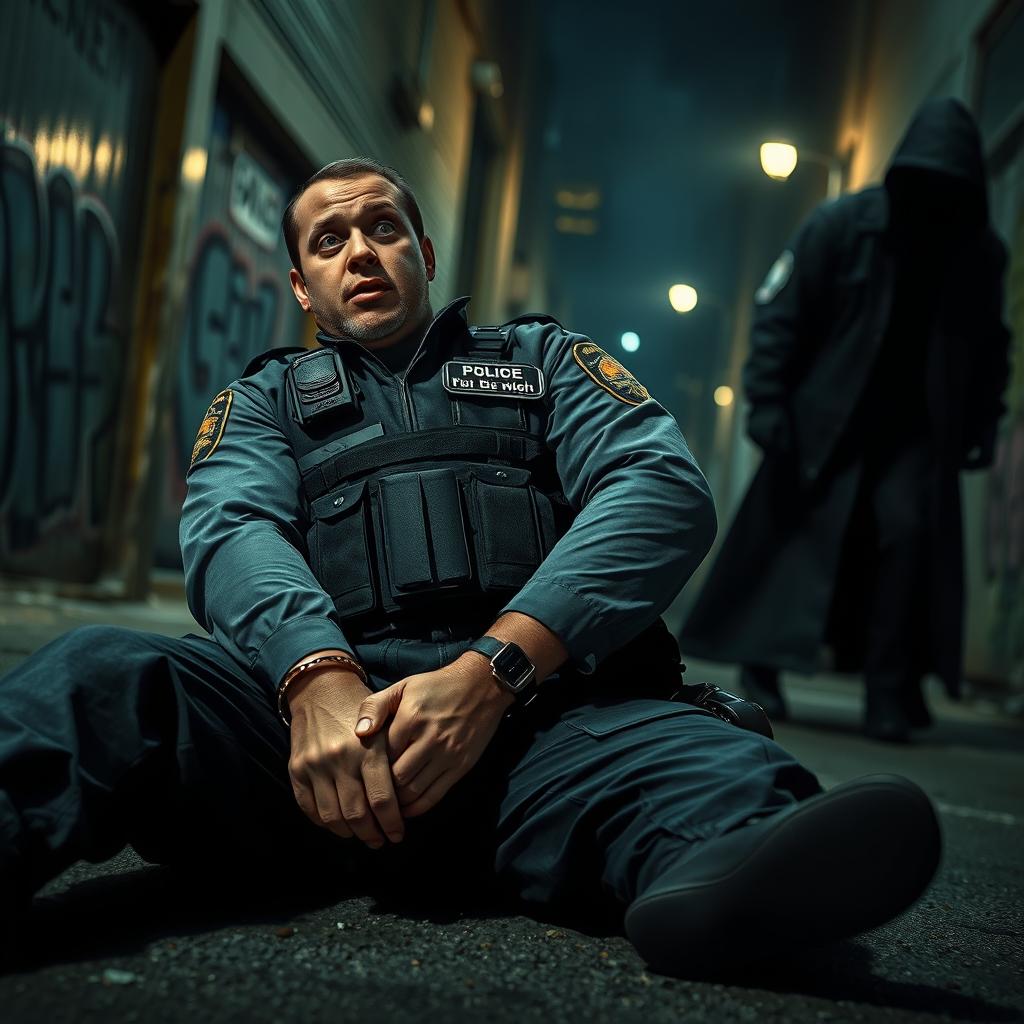 A vivid scene depicting a policeman in full tactical gear being pinned down on the ground, handcuffed