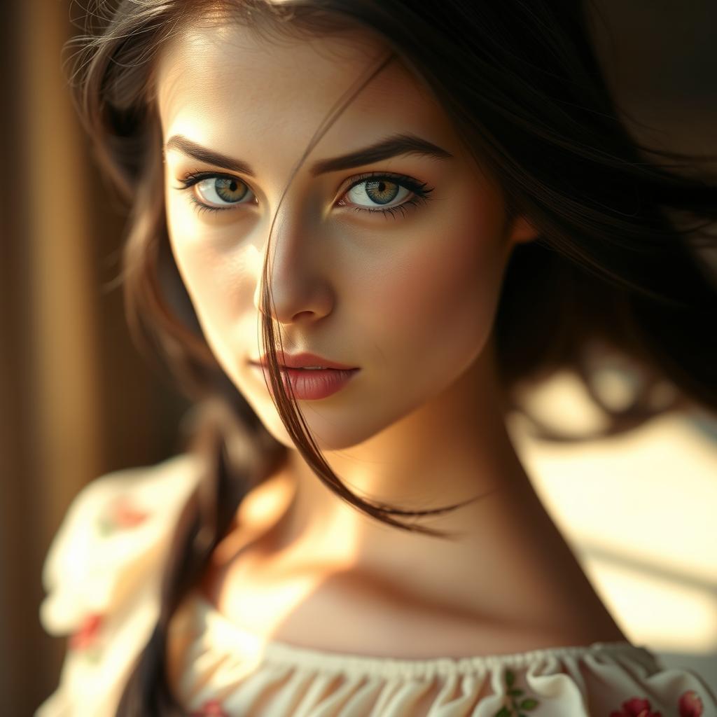 A portrait of a beautiful young woman with striking features, focusing on her face and eyes