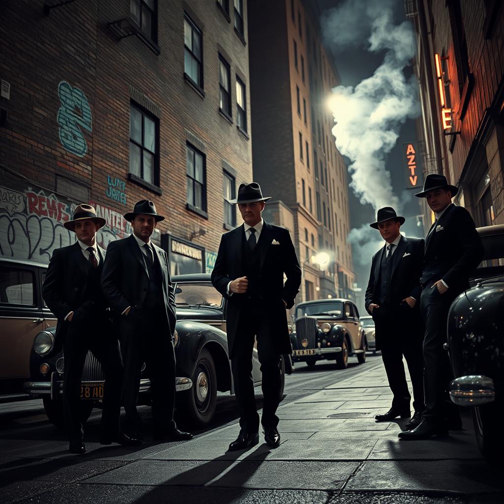 A gritty urban setting featuring a group of stylish gangsters standing confidently on a dimly lit street corner