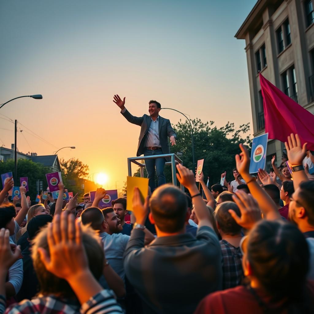 A vibrant street scene depicting a diverse crowd of people animatedly reacting to a passionate speaker at a public rally