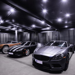 Luxurious garage of a billionaire's bungalow showcasing high-end cars