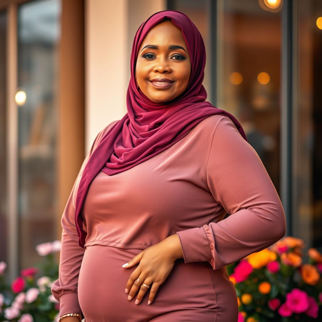A mature woman wearing a stylish hijab, confidently showcasing her curvy figure