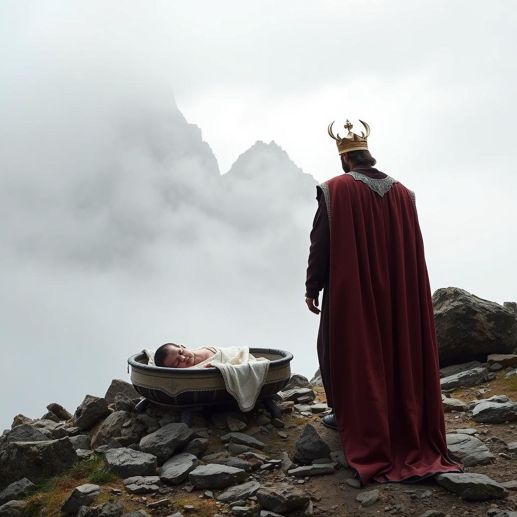 An Iranian king filled with doubt and sorrow, leaving his small infant behind in a cradle nestled among the rocks of Alborz mountain range