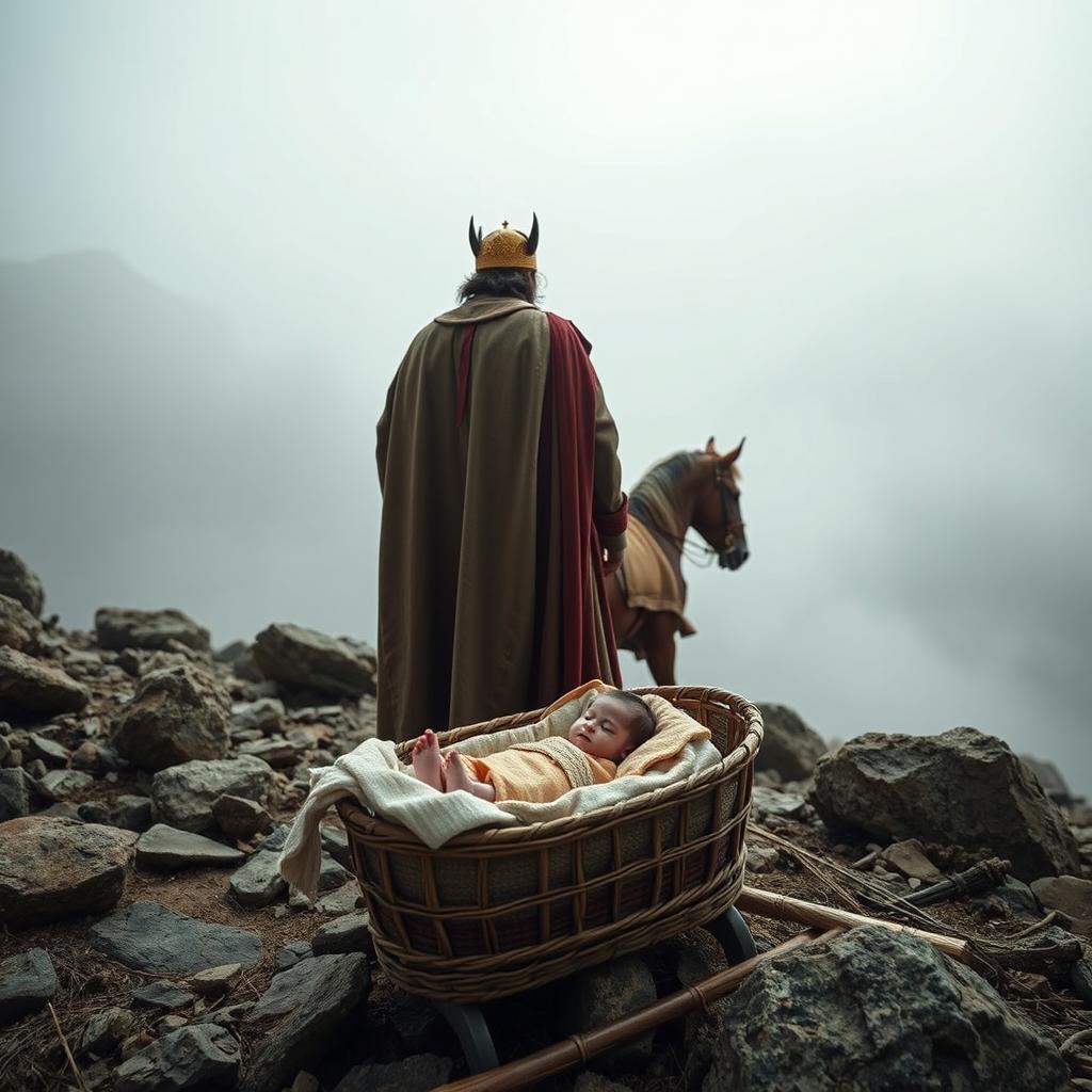An Iranian king filled with doubt and sorrow leaving his tiny newborn in a small cradle amidst the Alborz mountains
