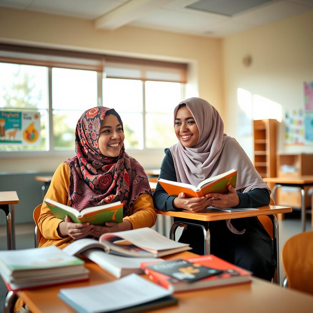A warm and inviting scene featuring two Muslim women, who are friends, sitting together in an English classroom