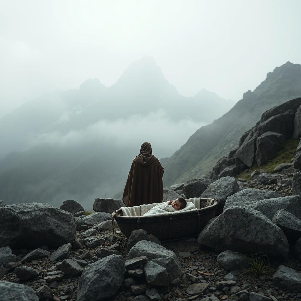 An Iranian king filled with doubt and sorrow, leaving his small newborn in a cradle amidst the majestic Alborz Mountains