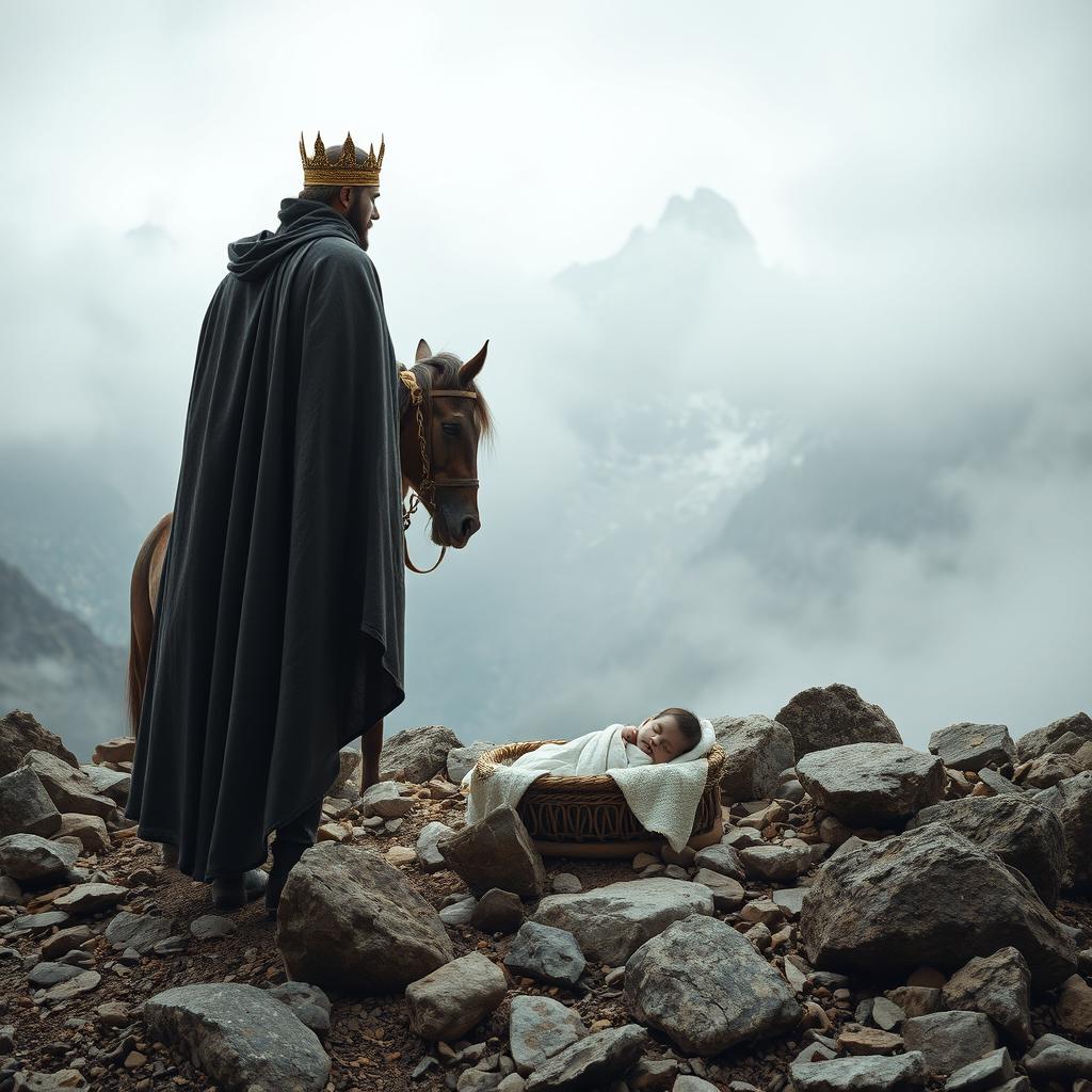 An Iranian king filled with doubt and sorrow, leaving his small newborn in a cradle nestled among the rocky faces and misty peaks of Mount Alborz