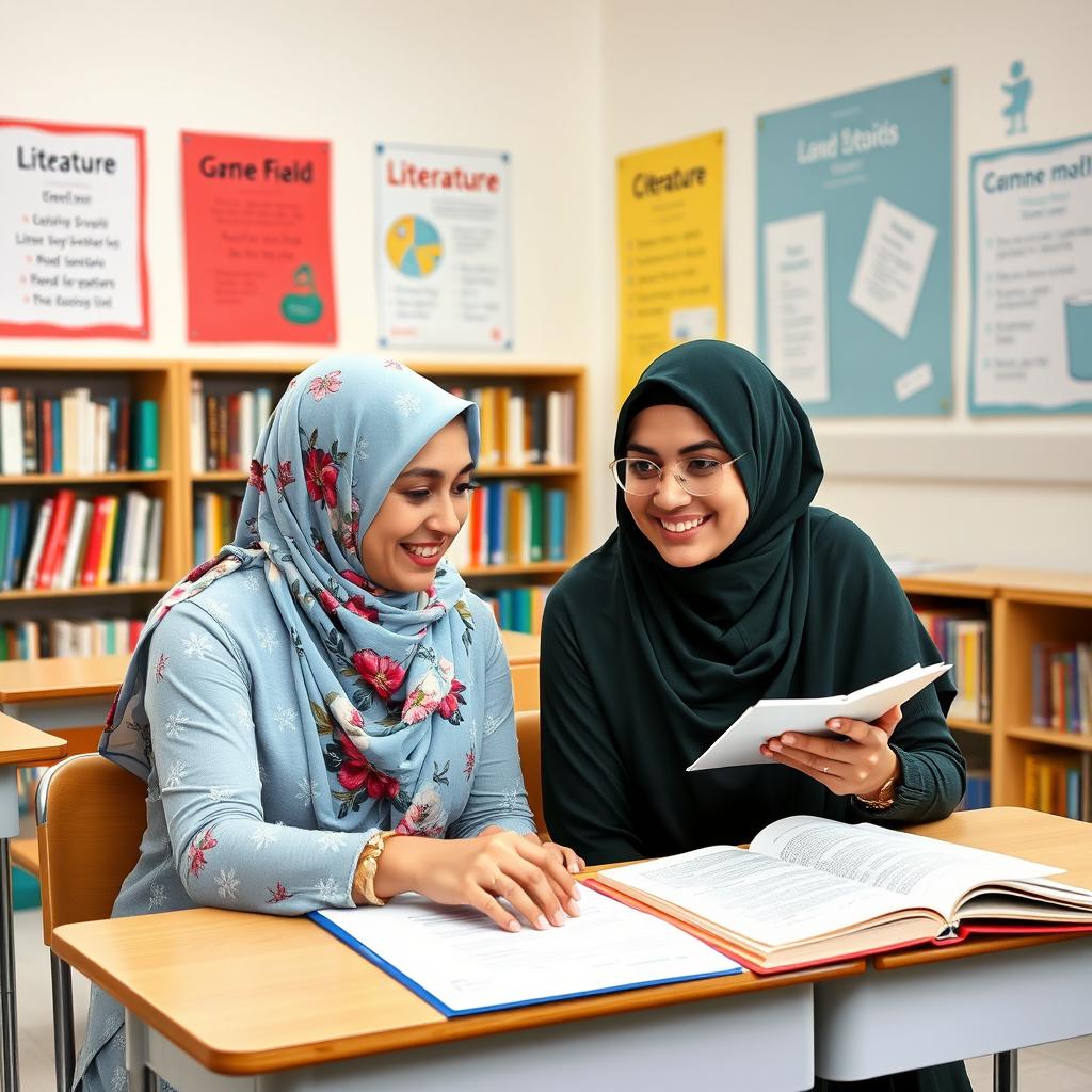 Two Muslim women sitting at a desk in an English classroom, deeply engaged in conversation and studying together