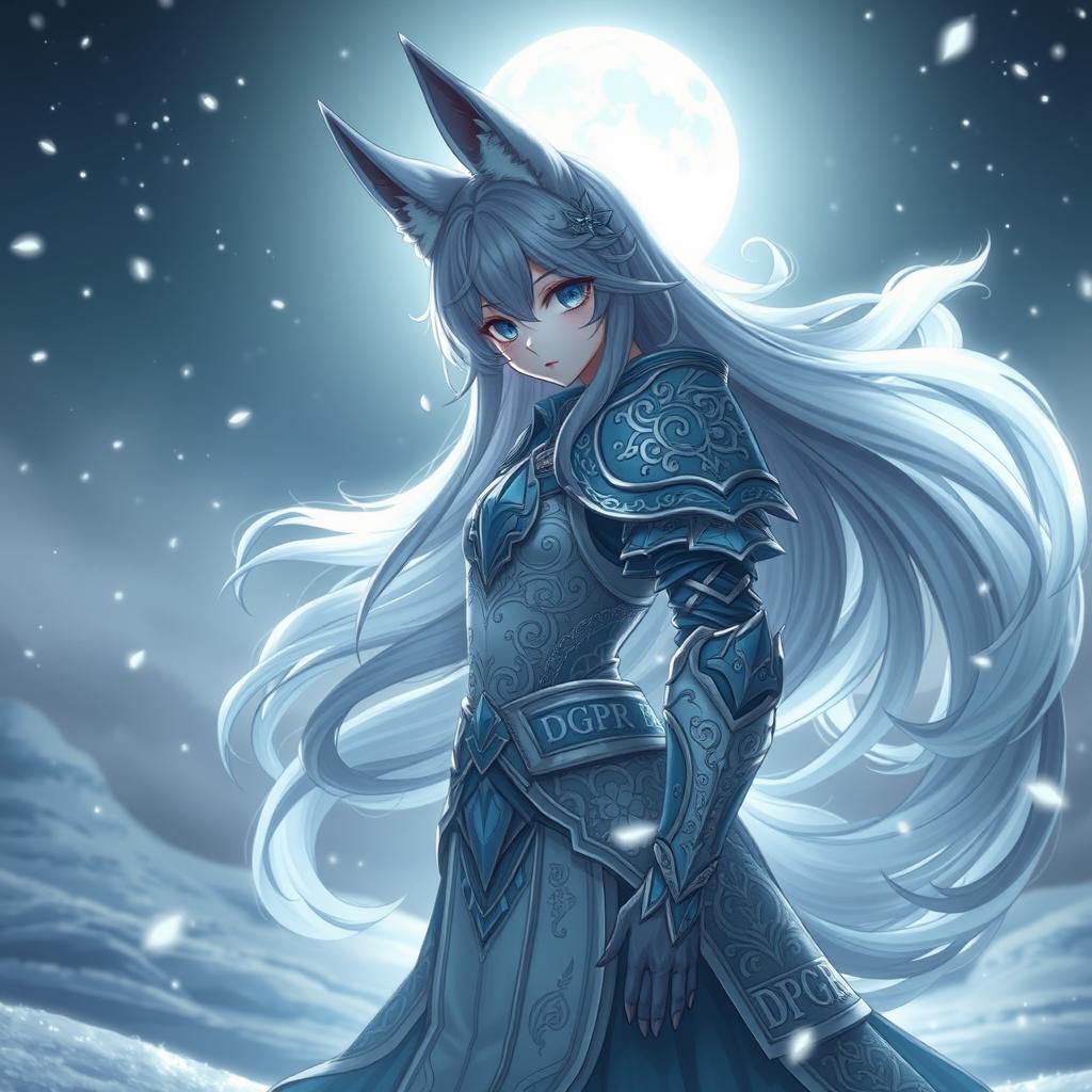 A magical gumiho (nine-tailed fox) girl with long, flowing hair wearing ornate armor intricately engraved with 'DPGR