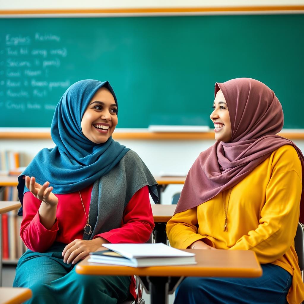 Two beautiful Muslim women sitting together in an English class, engaging in conversation