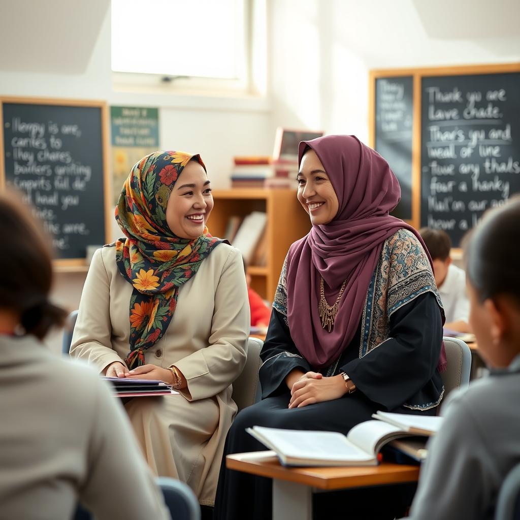 Two beautiful white Muslim women sitting together in an English class, engaged in a lively discussion