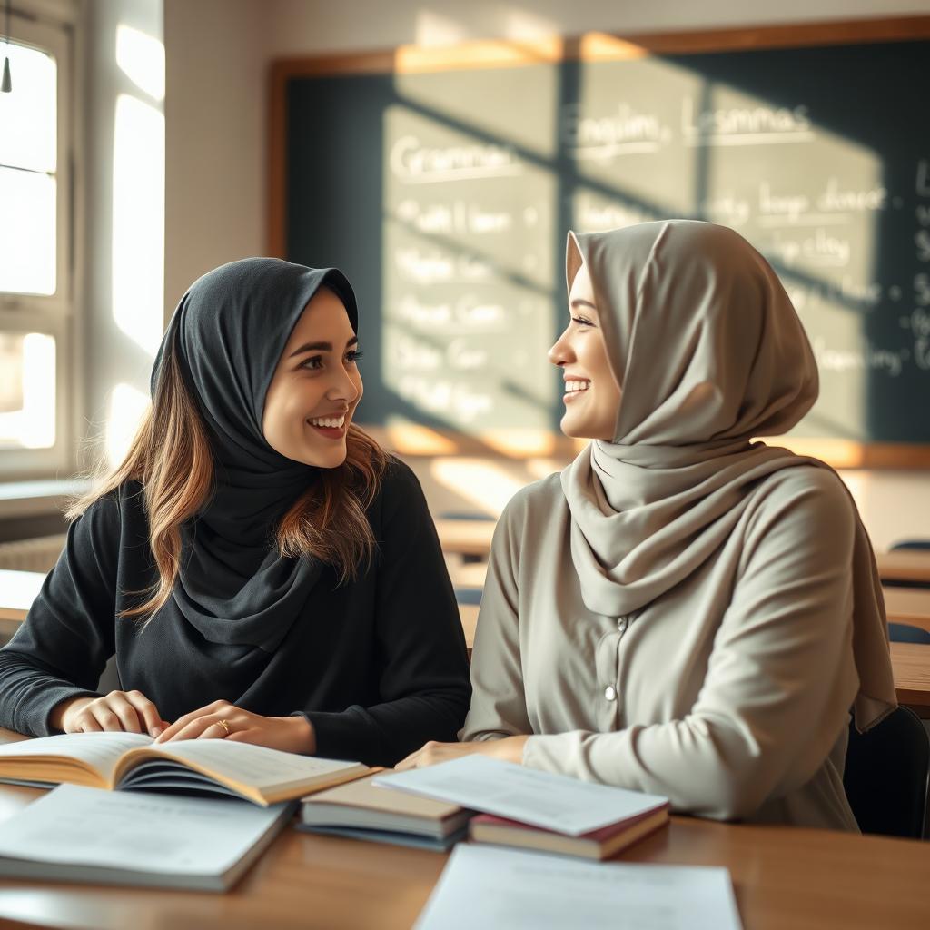 Two beautiful white Persian women in an English class, both wearing stylish hijabs, sitting closely together at a desk