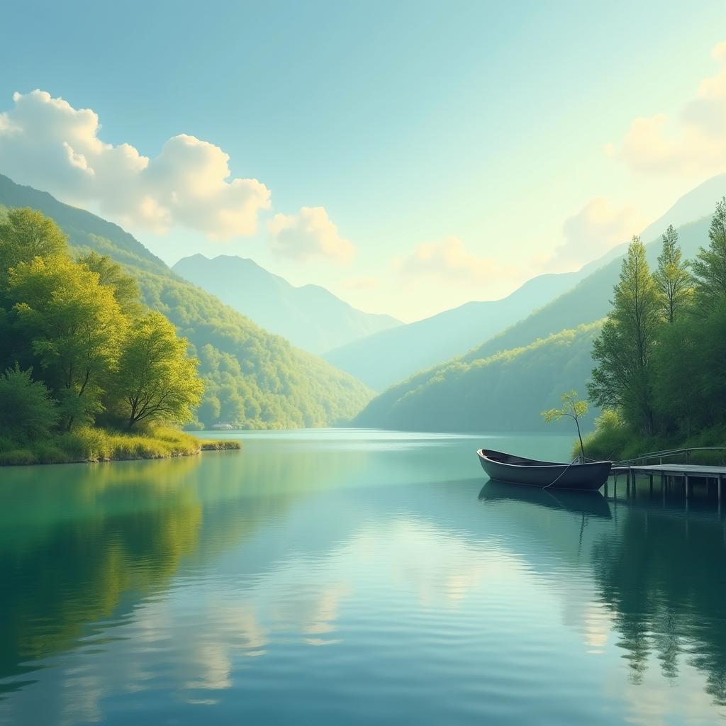A serene landscape depicting a tranquil lake surrounded by lush green trees, gentle hills in the background, and soft, wispy clouds in a blue sky