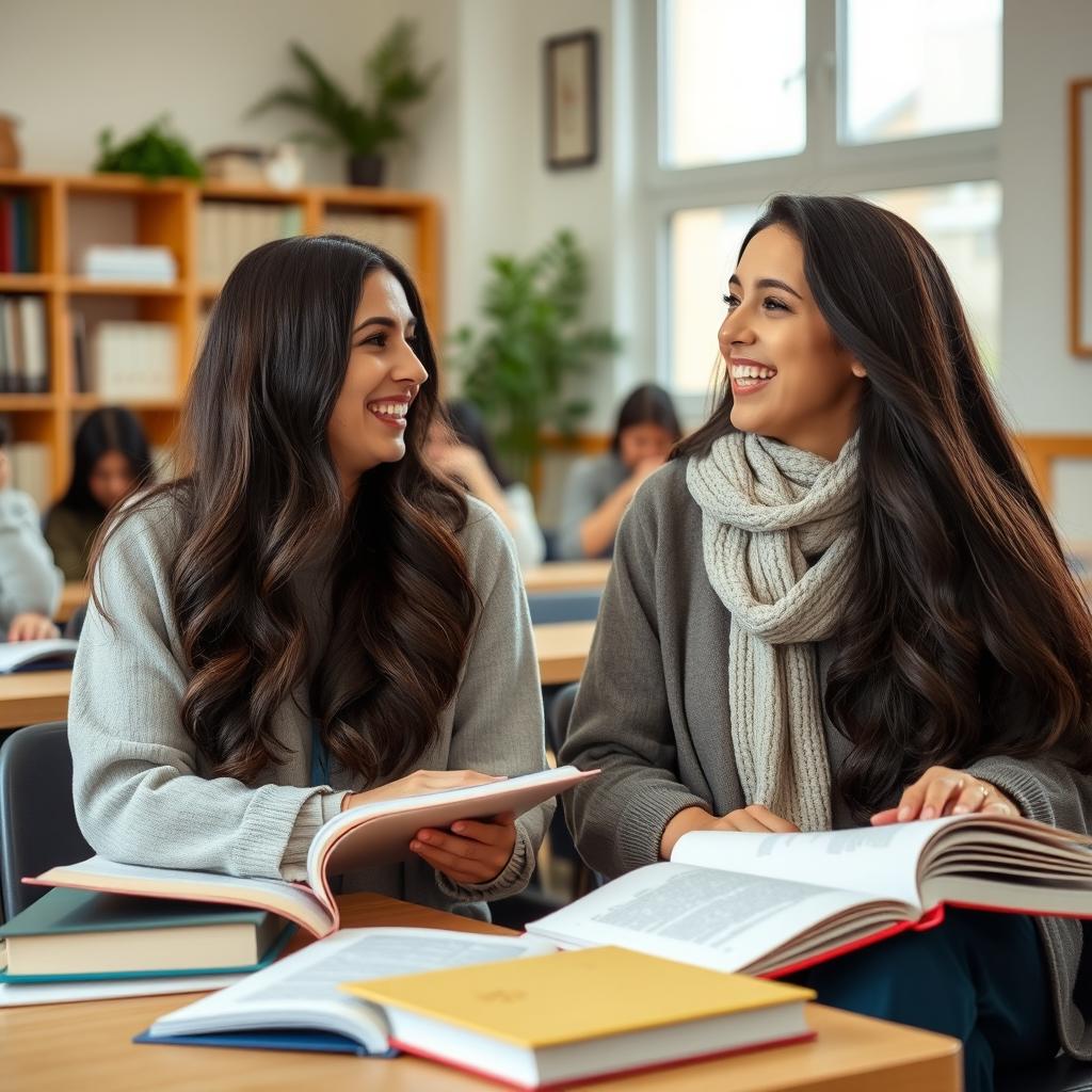Two beautiful white Persian women sitting together in an English class