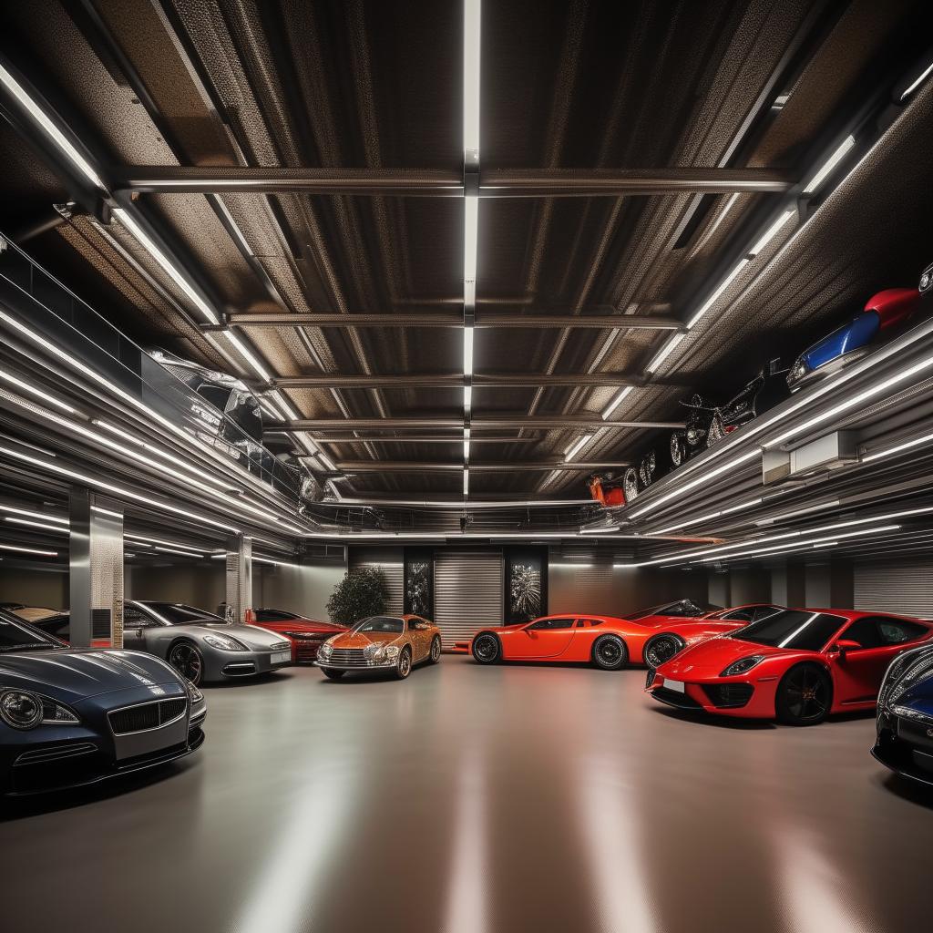 A lavish garage in a billionaire's bungalow, filled with luxury cars