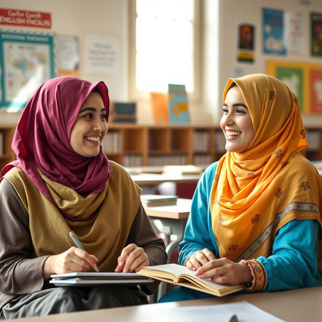 Two beautiful Persian women wearing colorful hijabs, sitting together in an English classroom, smiling and engaging in a lively discussion