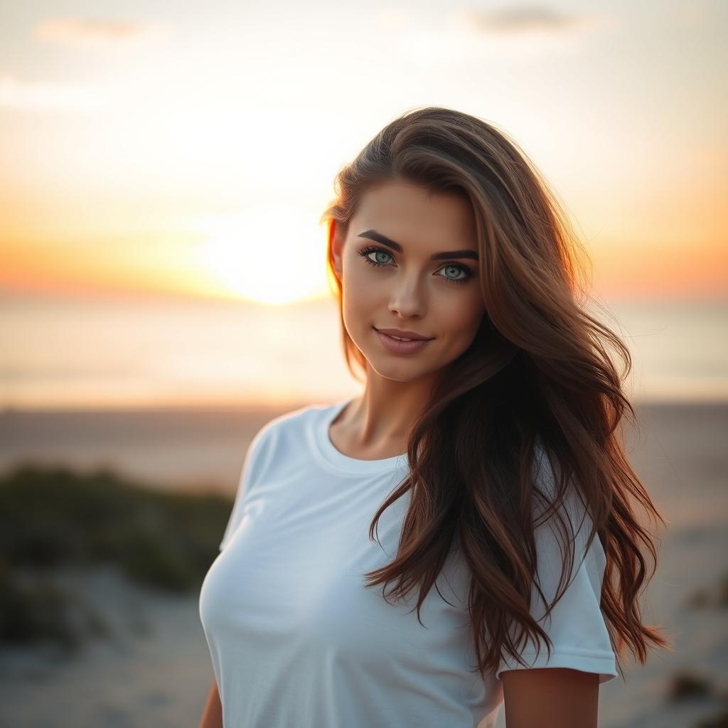 A stunning female figure standing confidently in a picturesque setting, wearing a plain white round neck t-shirt that accentuates her figure elegantly