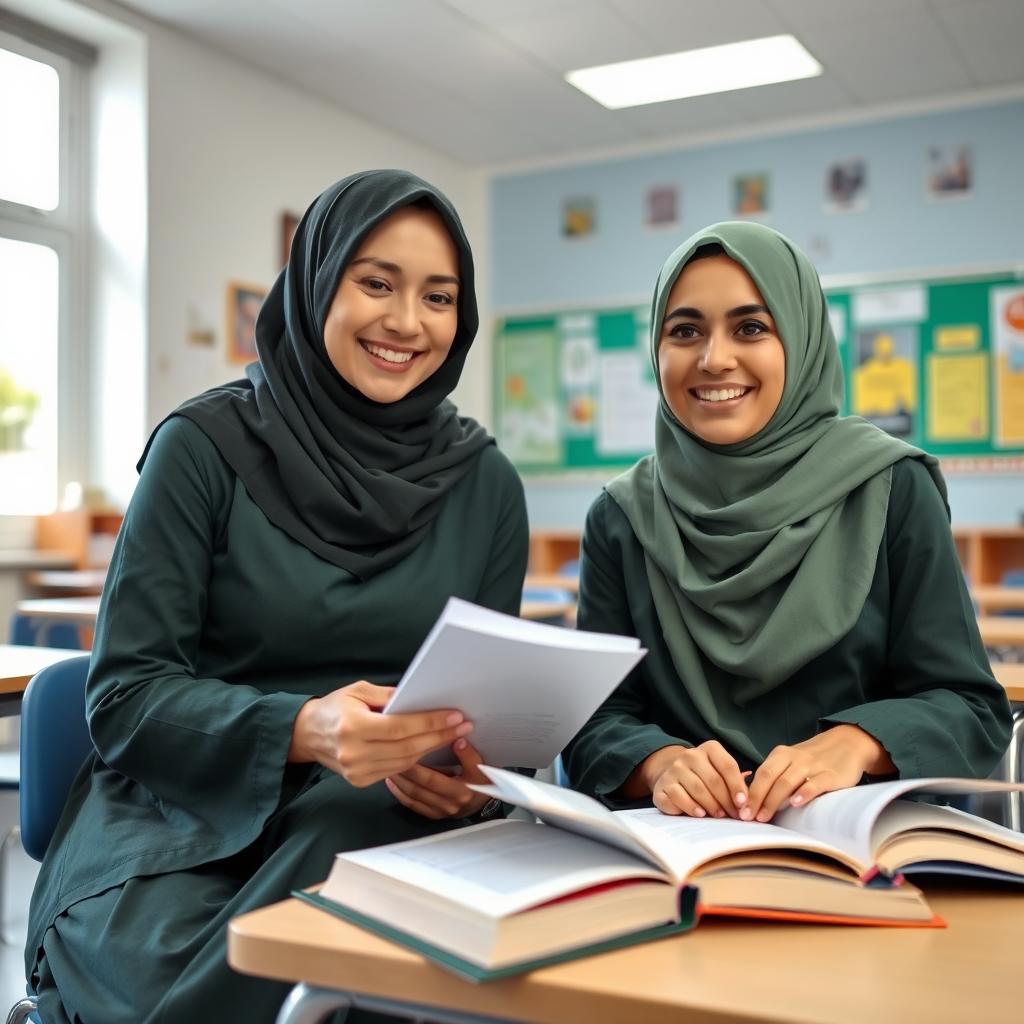 Two beautiful white Persian women wearing hijabs, seated side by side in an English classroom