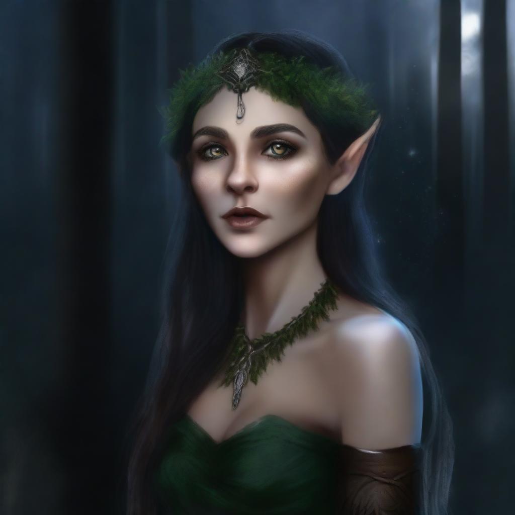 This digital art image, of the highest quality, portrays a half-elf woman, a druid of the night, who embodies wisdom, mystery, and solitude