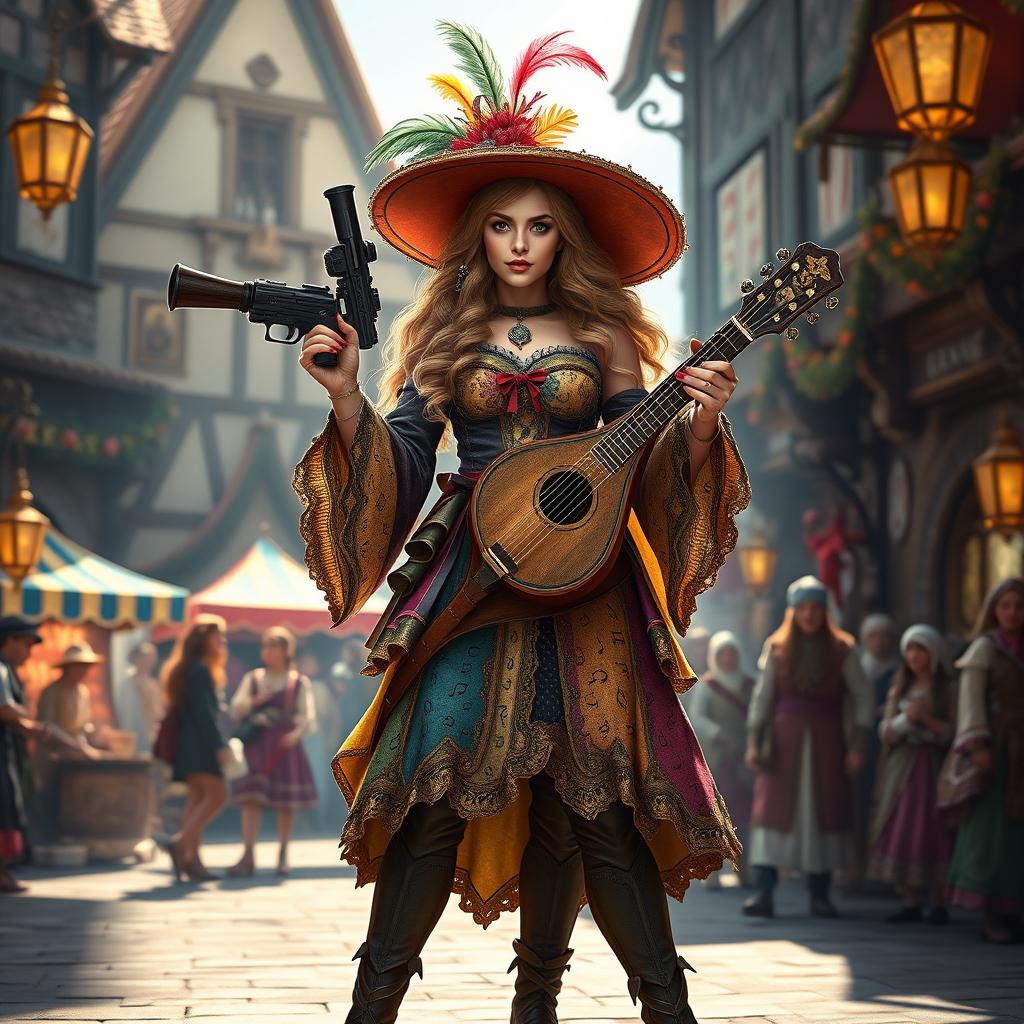 A human female bard with long, wavy hair, wearing an elaborate, colorful outfit featuring musical notes and patterns