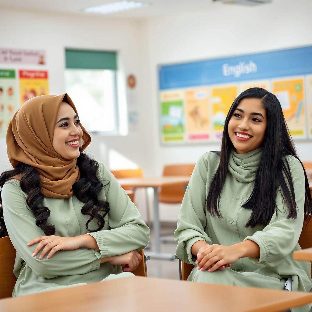 Two beautiful Persian women wearing hijabs and pale green clothing, sitting together in an English class