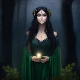 This digital art image, of the highest quality, portrays a half-elf woman, a druid of the night, who embodies wisdom, mystery, and solitude