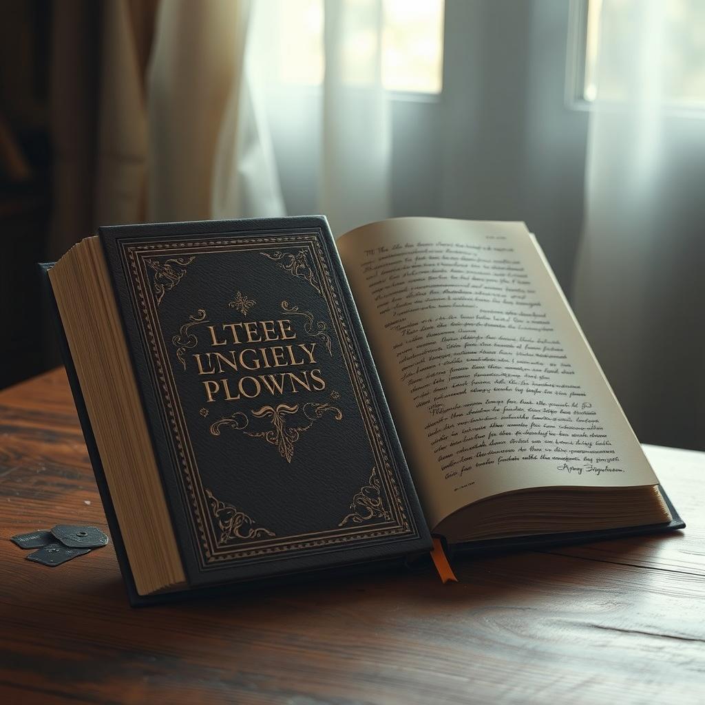 An elegant, closed book with a captivating title embossed on its cover, resting on a wooden table