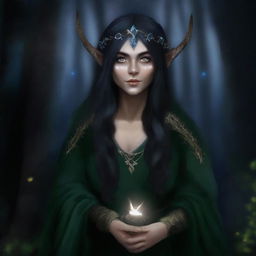 This digital art image, of the highest quality, portrays a half-elf woman, a druid of the night, who embodies wisdom, mystery, and solitude