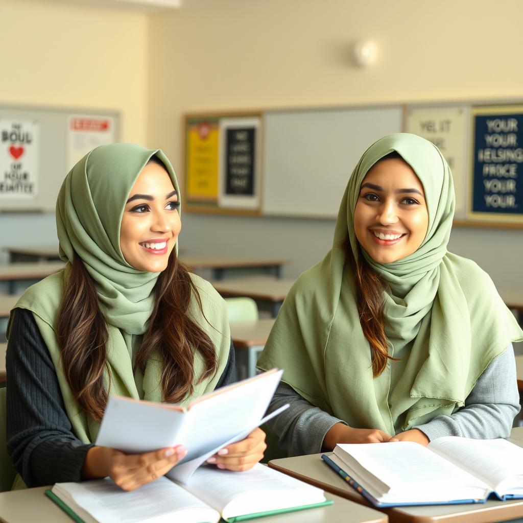 Two beautiful Muslim hijabi Persian women, both wearing pale green scarves, sitting in an English class