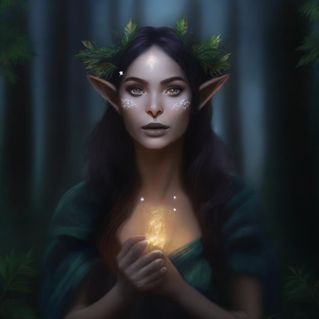 This digital art image, of the highest quality, portrays a half-elf woman, a druid of the night, who embodies wisdom, mystery, and solitude