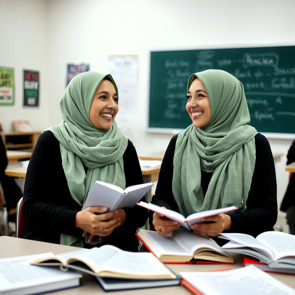 Two beautiful Persian women wearing full hijab, both in paler green scarves, sitting together in an English class, surrounded by books and notebooks, engaged in conversation and sharing laughter, showcasing their friendship and cultural pride