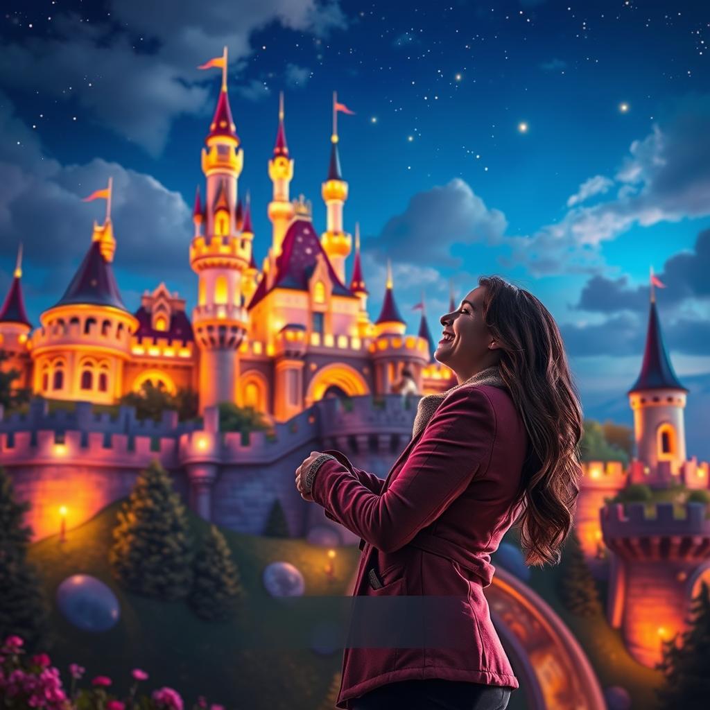 A fantastical scene depicting a regal kingdom with shining lights illuminating the walls and castle