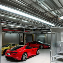 A lavish garage in a billionaire's bungalow, filled with luxury cars