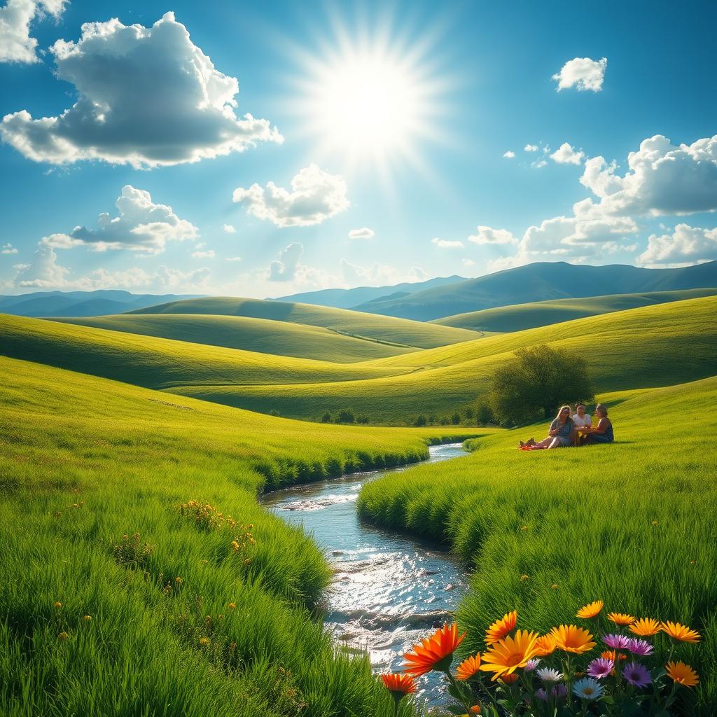 A serene landscape depicting the concept of goodness and happiness, featuring lush green fields, a clear blue sky with fluffy white clouds, and a radiant sun shining down