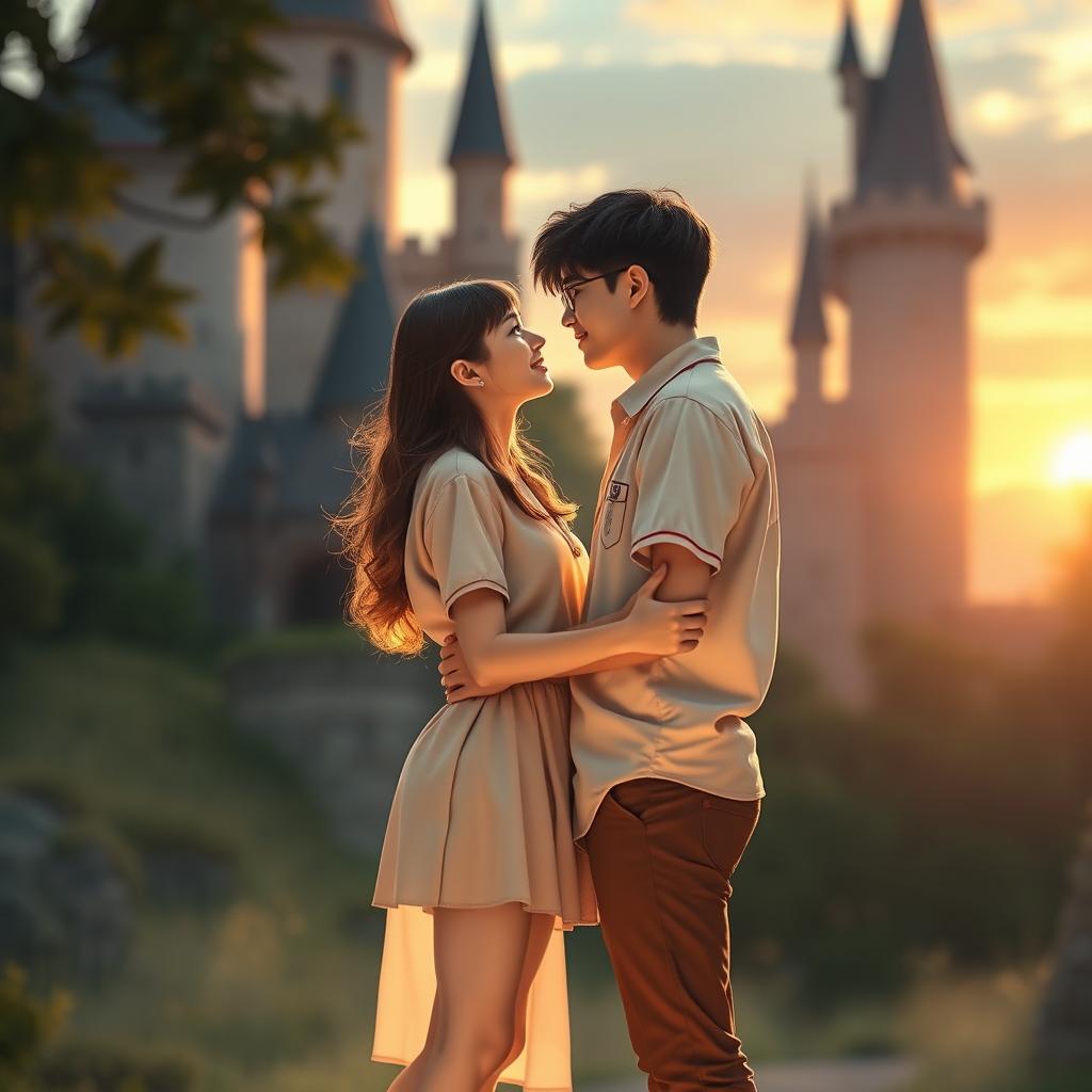 A romantic and nostalgic scene depicting two people standing together in a scenic setting reminiscent of a kingdom, with soft, warm lighting that suggests a magical sunset