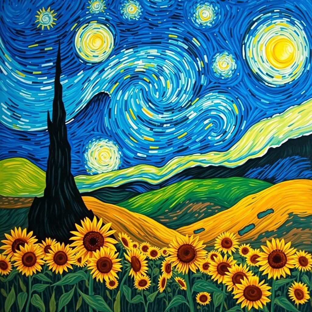 A vibrant, swirling interpretation of a landscape scene inspired by Van Gogh’s style, featuring a night sky filled with dynamic stars and a glowing moon