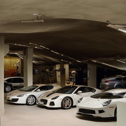 A lavish garage in a billionaire's bungalow, filled with luxury cars