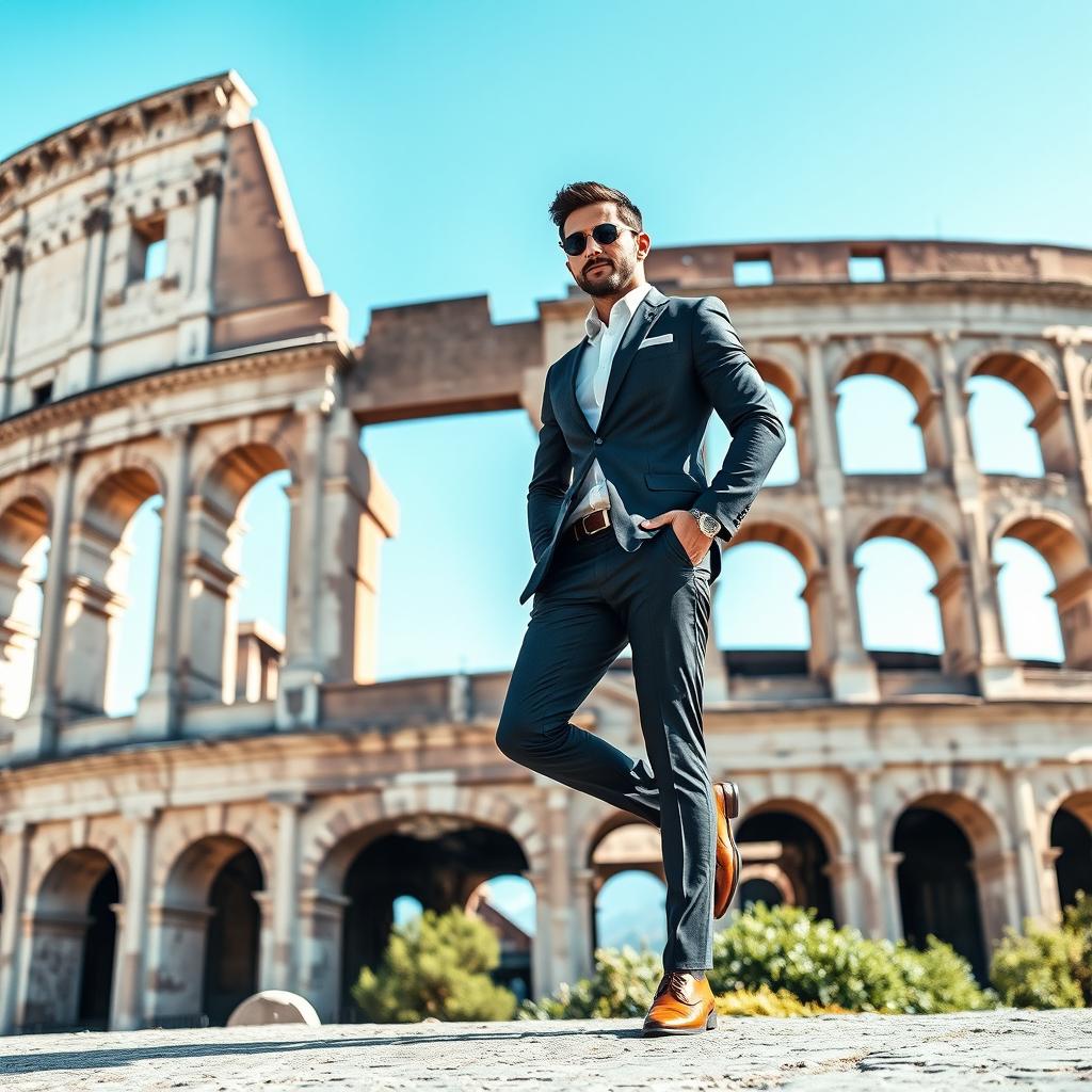 A stylish man in a fashionable suit, confidently posed in front of the iconic Colosseum in Rome