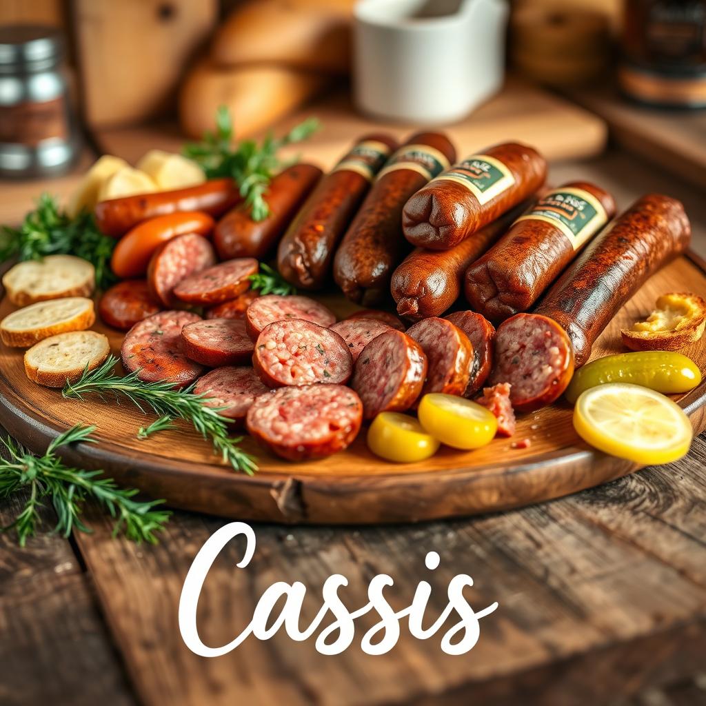A tantalizing display of Cassis sausage products, showcasing various types of sausages in a rustic wooden setting
